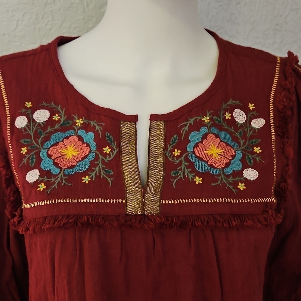 GRACE & LACE Floral Mexican Embroidered Maroon Fringe Long Sleeve Cotton Top - Picture 4 of 12